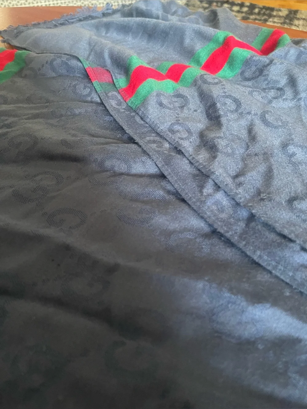 Gucci Blue Scarf with Red and Green Stripes